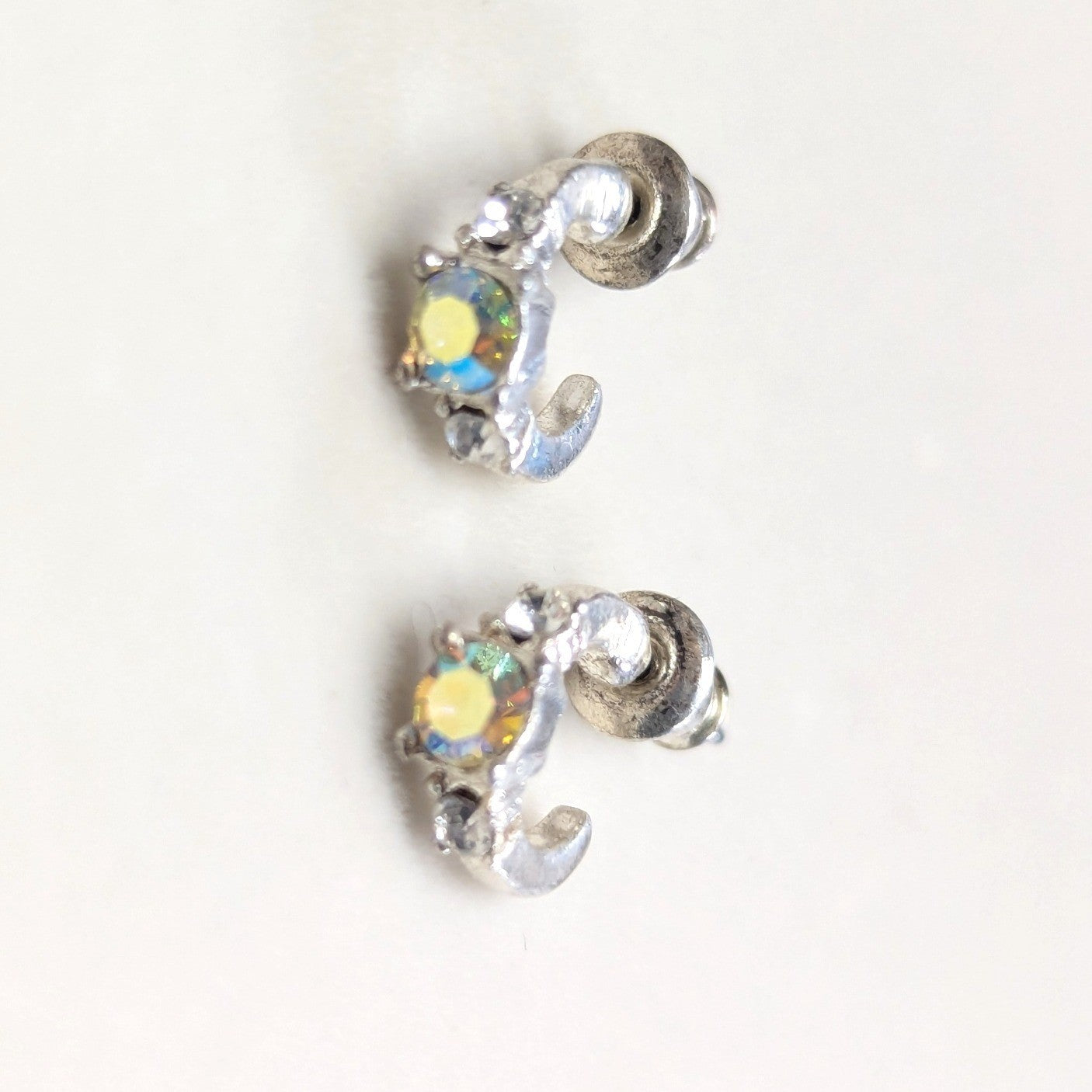 Vintage AB Crystal J Hoop Earrings Small Silver Tone Iridescent Rhinestones