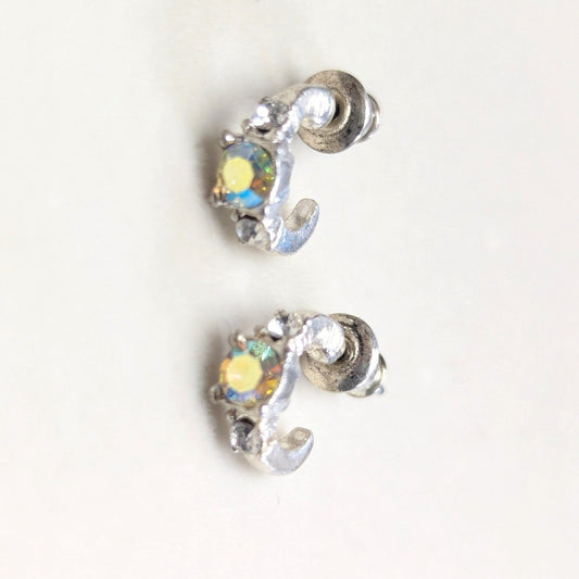 Vintage AB Crystal J Hoop Earrings Small Silver Tone Iridescent Rhinestones