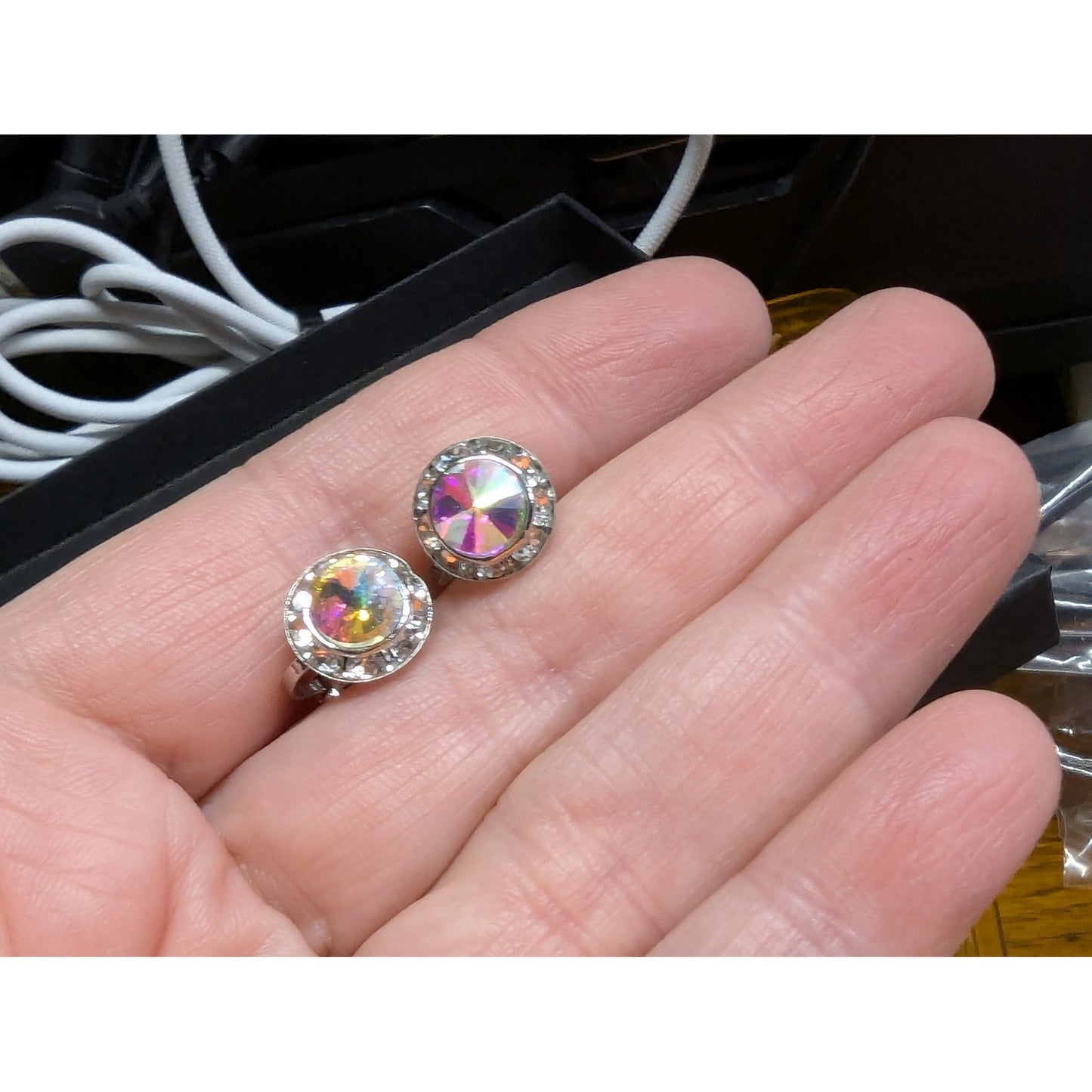 New Clip On Earrings Silver PLated Aurora Borealis AB Crystal Halo Round Wedding