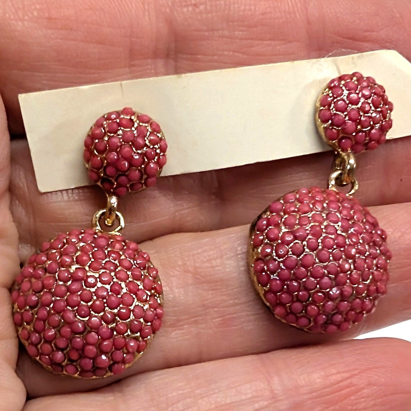 Vintage Beaded Drop Earrings Pink GoldTone Dangle Seed Bead Pavé Dome Round 1.25