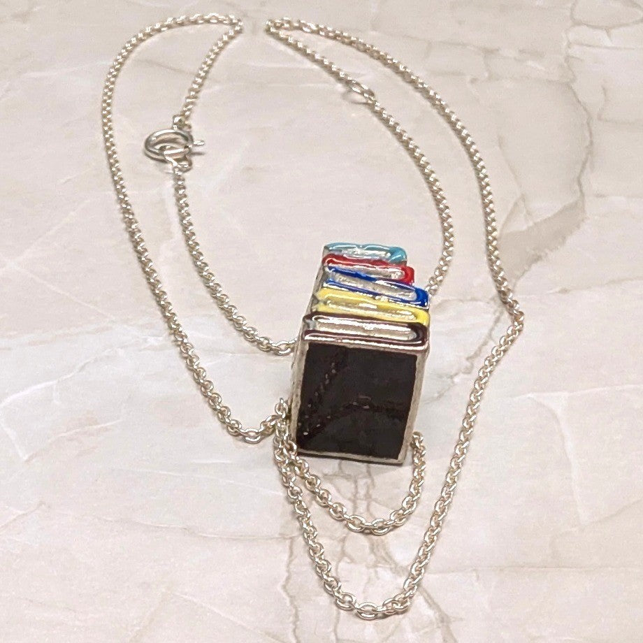Vtg Real Sterling Silver 925 Stack of Books Pendant 20.75" Necklace Enamel Charm