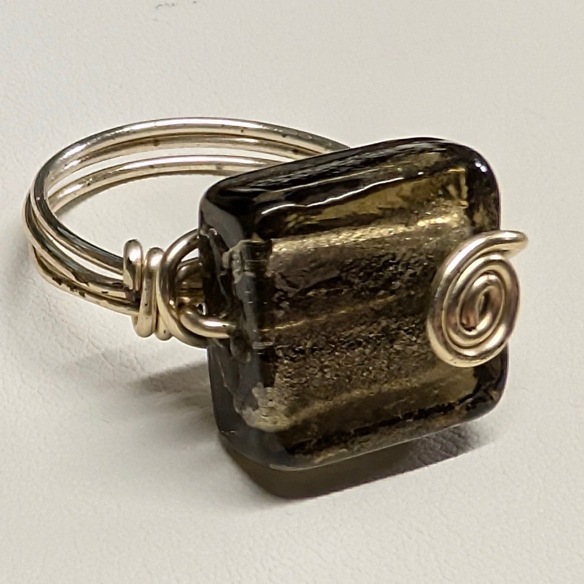 New HandMade Murano Glass Wire Wrapped Ring Sz 9.5 Brown Silvertone Foil Spiral