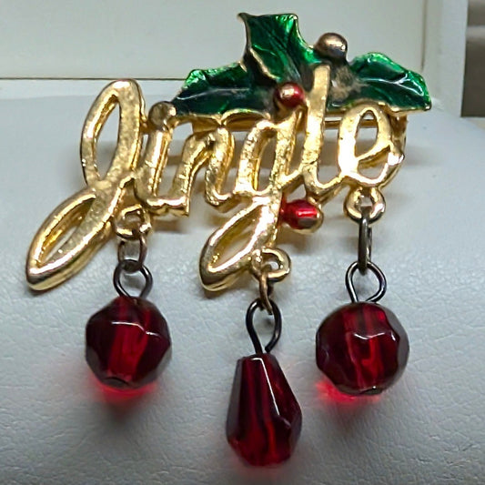 Vintage Jingle Bell Holly Brooch Pins Gold Tone Red Green Holiday Dangle Enamel