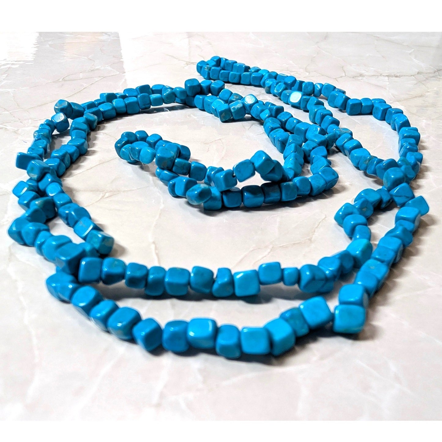 Faux Turquoise Blue Beaded Necklace Square Cube Stone Long Strand Boho Howlite