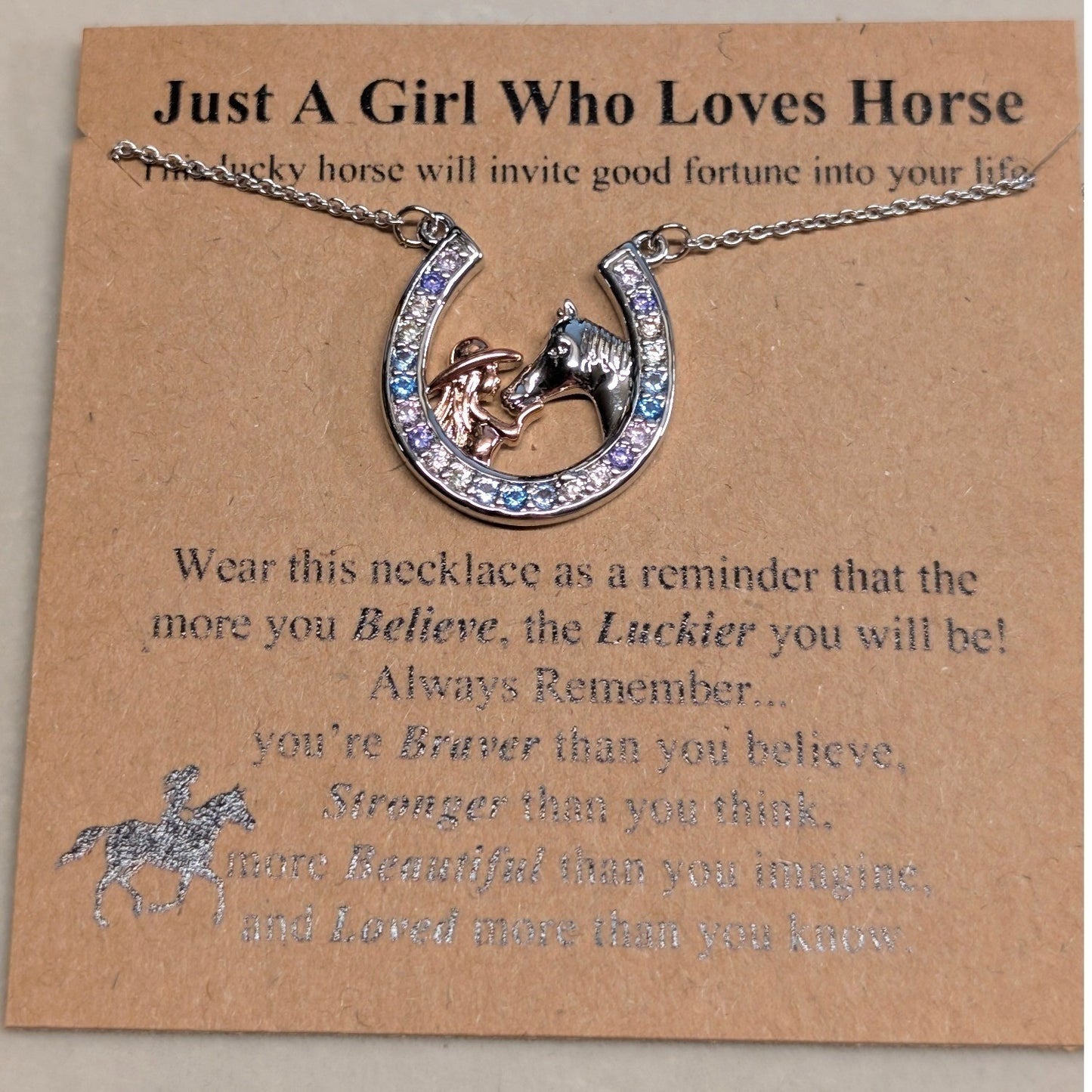 NEW Just A Girl Who Loves Horses Necklace Silver Rose Tone Horseshoe Rhinestone