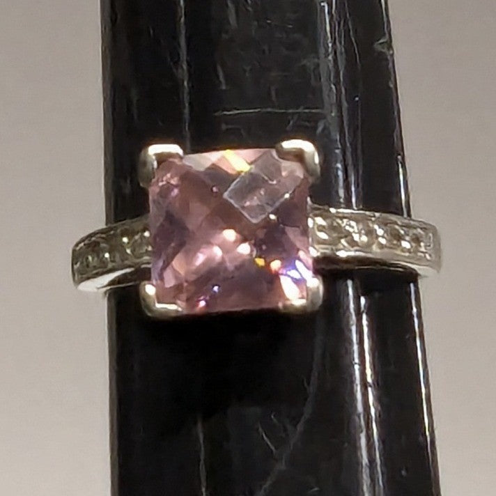 Sterling Silver 925 Pink Stone Ring Size 6.5 Square Cut Faceted Clear Rhinestone