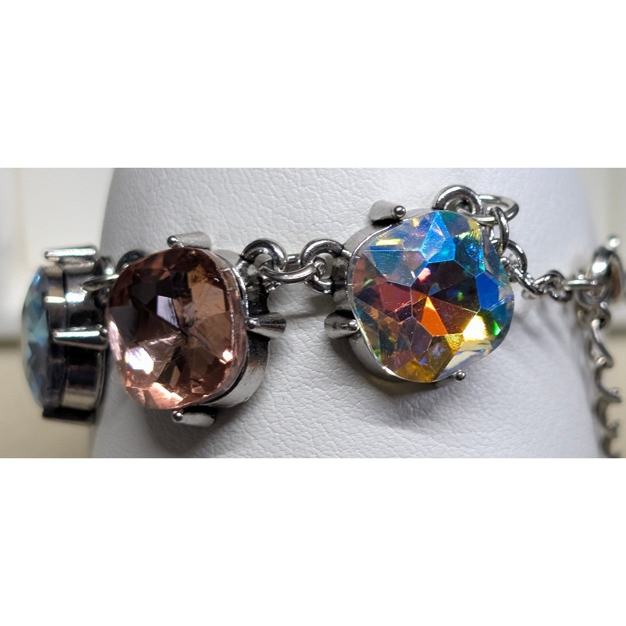New Multicolor Crystal Link Bracelet Silver Tone Iridescent AB Aurora Borealis