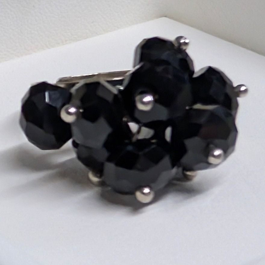 New Black Beaded Cluster Statement Ring Adjustable Faceted Silver Tone Cha Cha