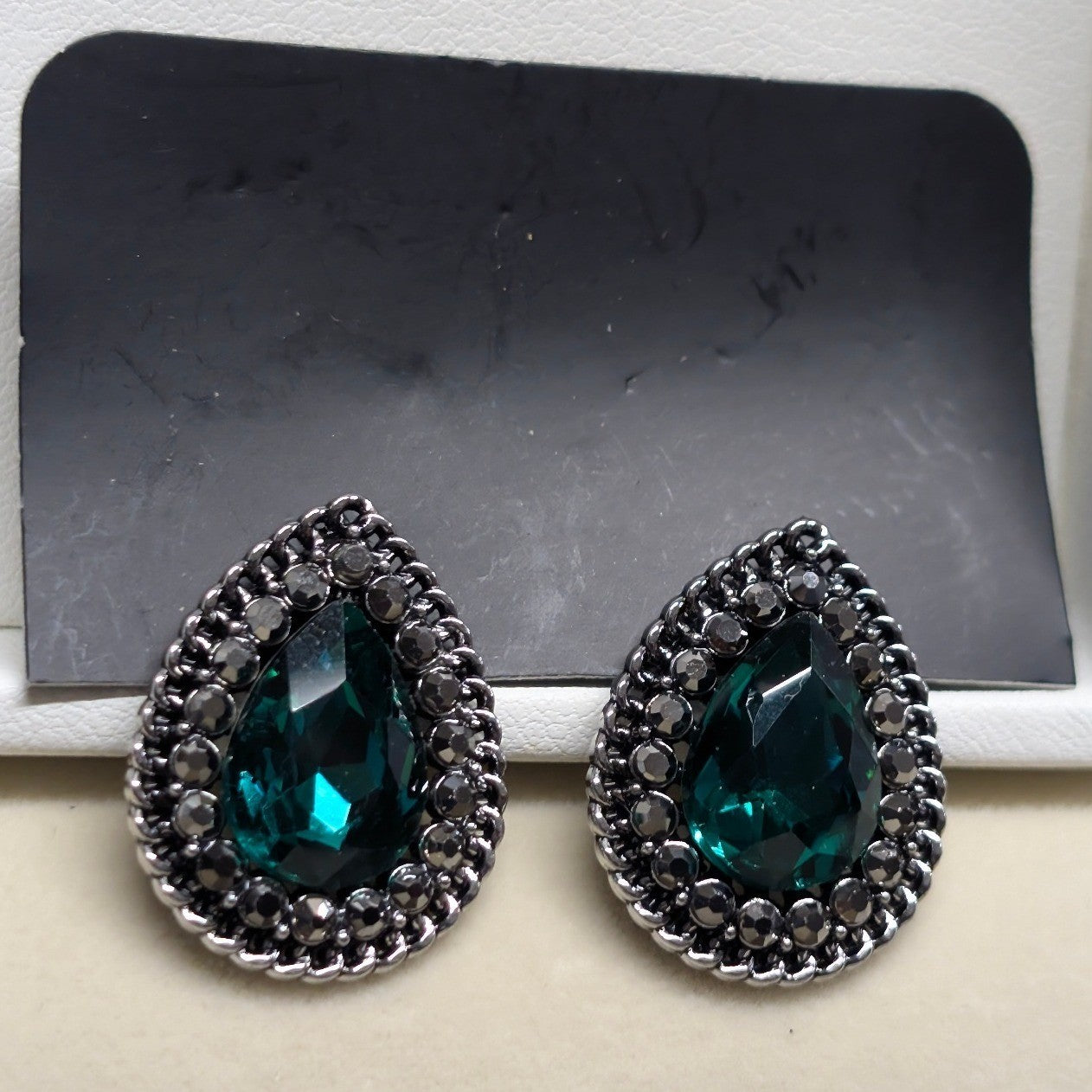 New Earrings Women Green Teardrop Tear Drop Halo Rhinestone Silver Tone Studs