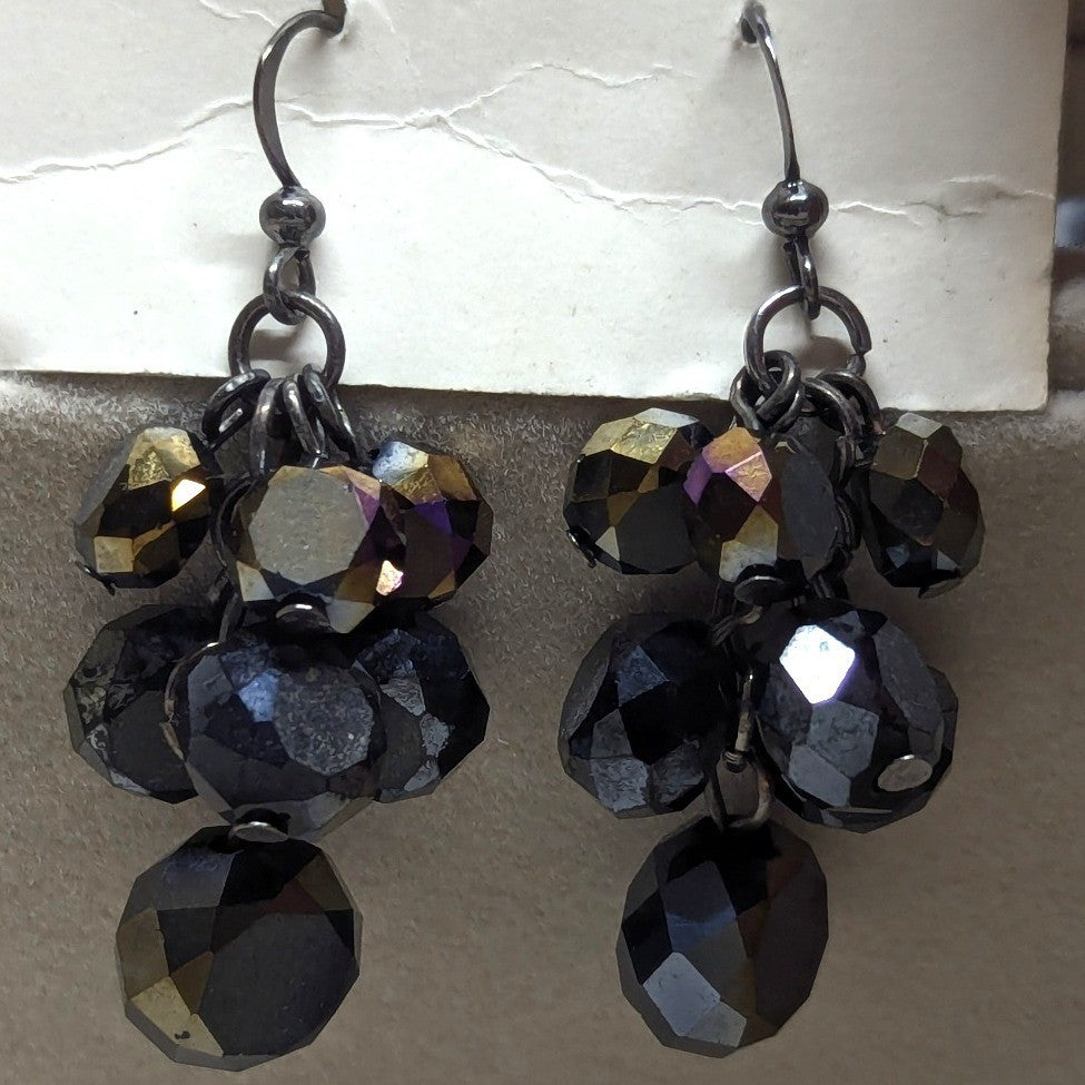Vintage Cluster Drop Earrings Black Iridescent Beaded Gunmetal Goth Cold Glass