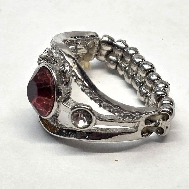 New Red Clear Round Rhinestone Stretch Band Ring Plus size Silver Tone