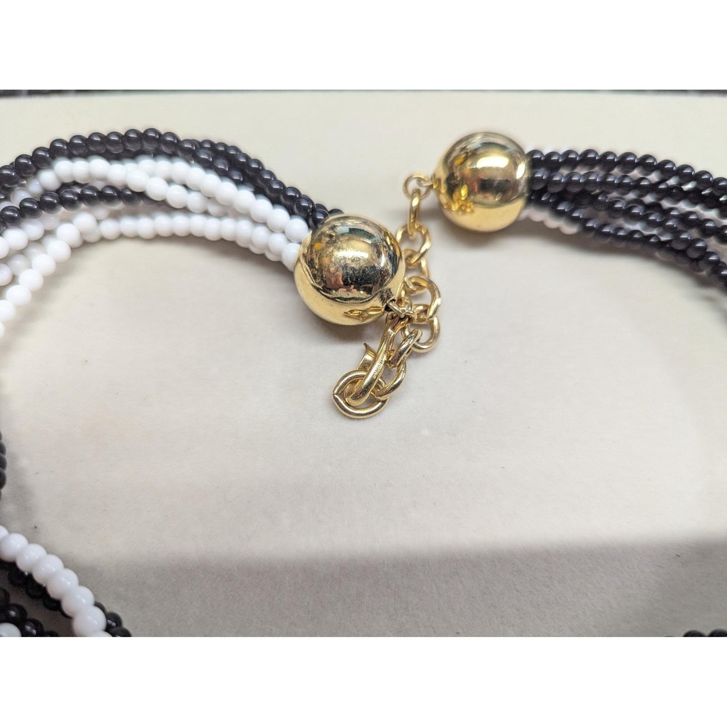 Vtg 21" Monet 10 Multi Strand Beaded Necklace Black White Gold Tone Hook Clasp