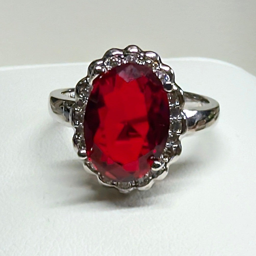 New 925 Marked Red Stone Halo Ring Plus Size 9.5 SilverTone Oval Rhinestones