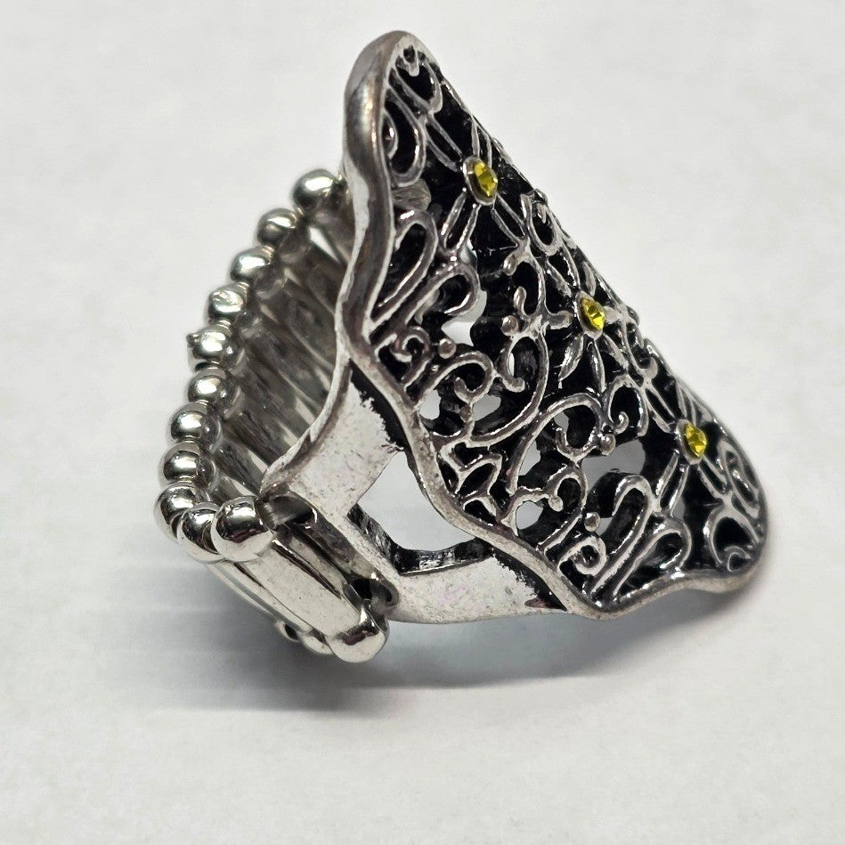 New Filigree Cross Shield Ring Silver Tone Yellow Rhinestone Stretch Band Chunky