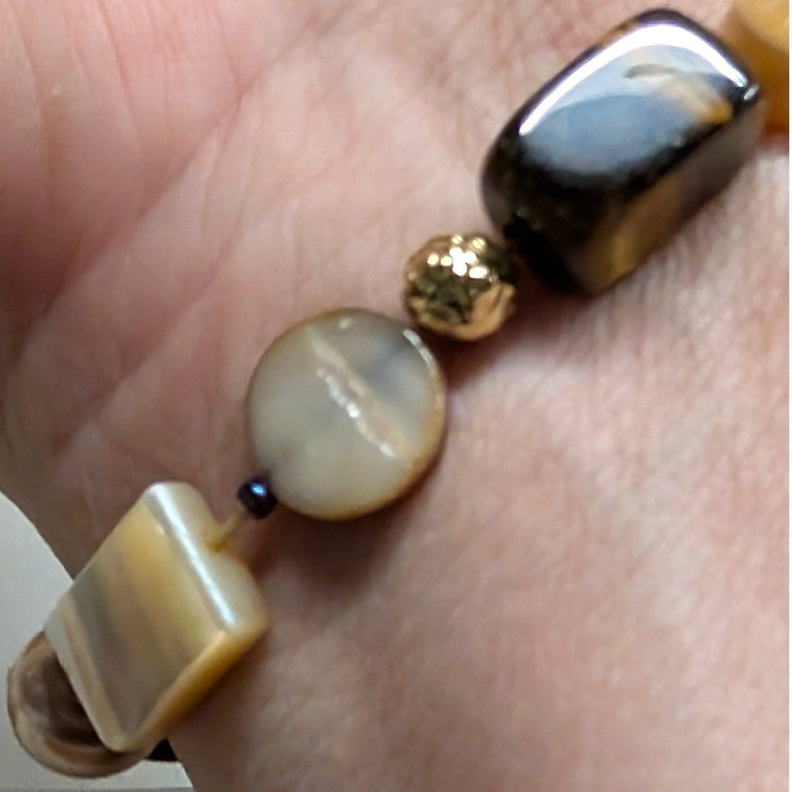 Vintage Tiger Eye Mother of Pearl Stretch Bracelet Brown Earthy Beaded Beads