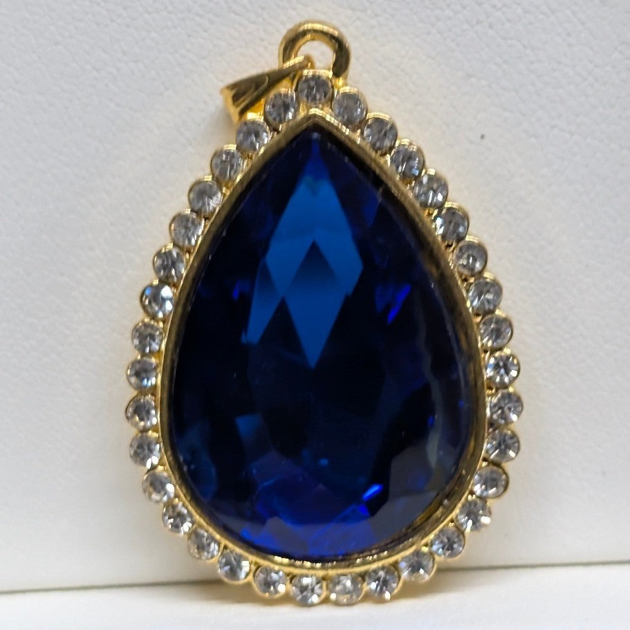 New Teardrop Pendant Cobalt Blue Clear Pave Gold ToneRhinestones Halo 1.75" Pear
