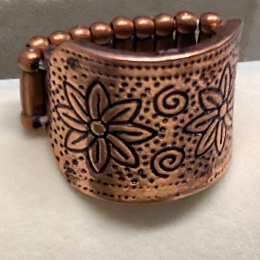 New Wide Floral Etched Copper Tone Band Stretch Ring Flowers Boho Southwestern