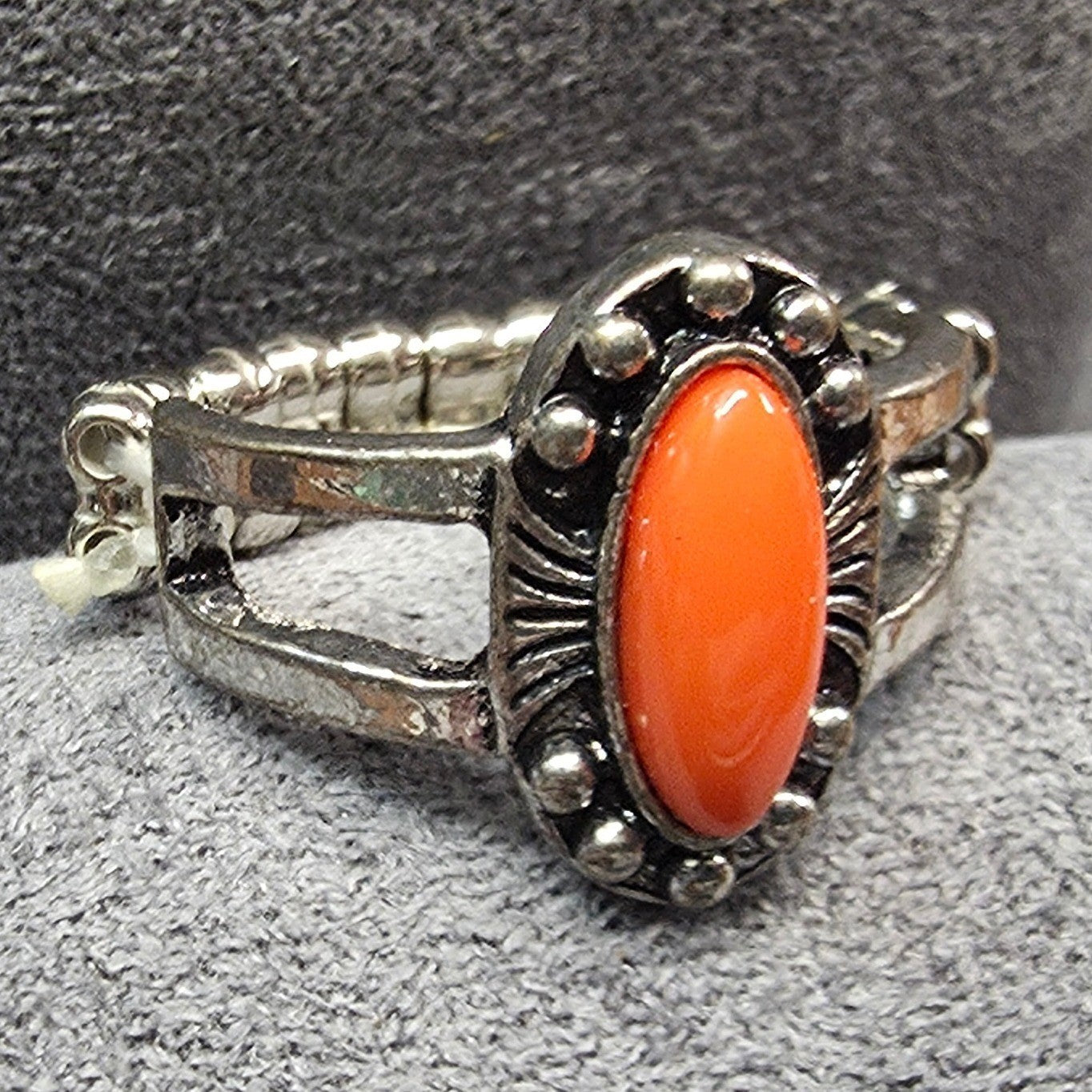 New Stretch Band Ring Oval Orange Stone Southwestern Boho Cabochon Silver Tone