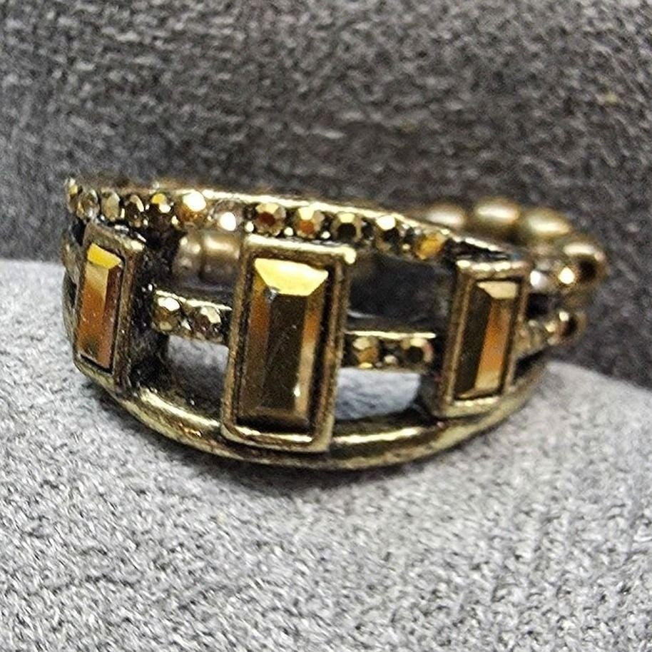 New Statement Stretch Band Ring Brass Smoky Topaz Color Rhinestones Multibar