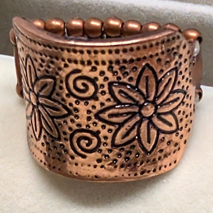New Wide Floral Etched Copper Tone Band Stretch Ring Flowers Boho Southwestern
