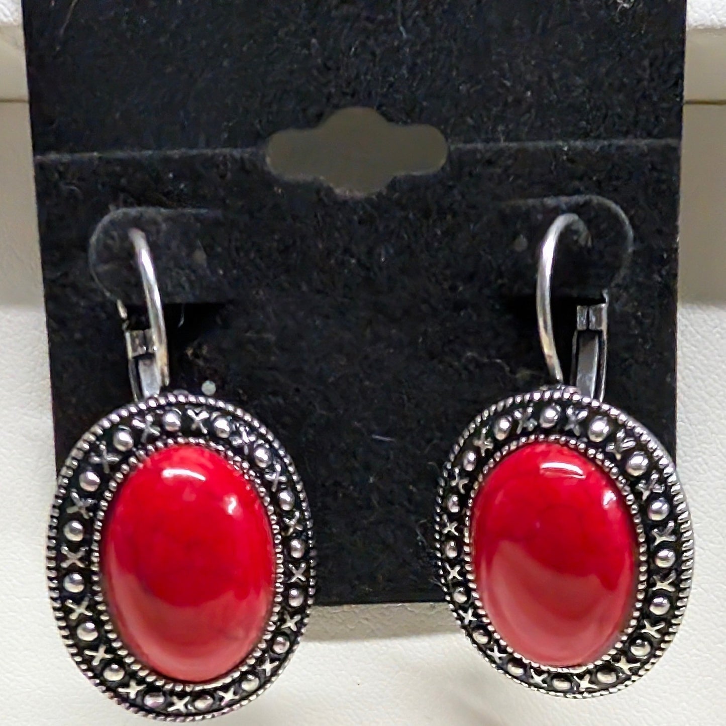 New Faux Red Turquoise Leverback Oval Drop Earrings Red Silver Tone Southwestern
