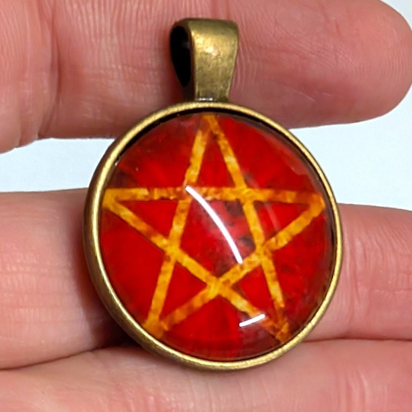 Vtg Pentagram Pendant Red Yellow Bronze Tone Occult Gothic Wicca Glass Cabochon