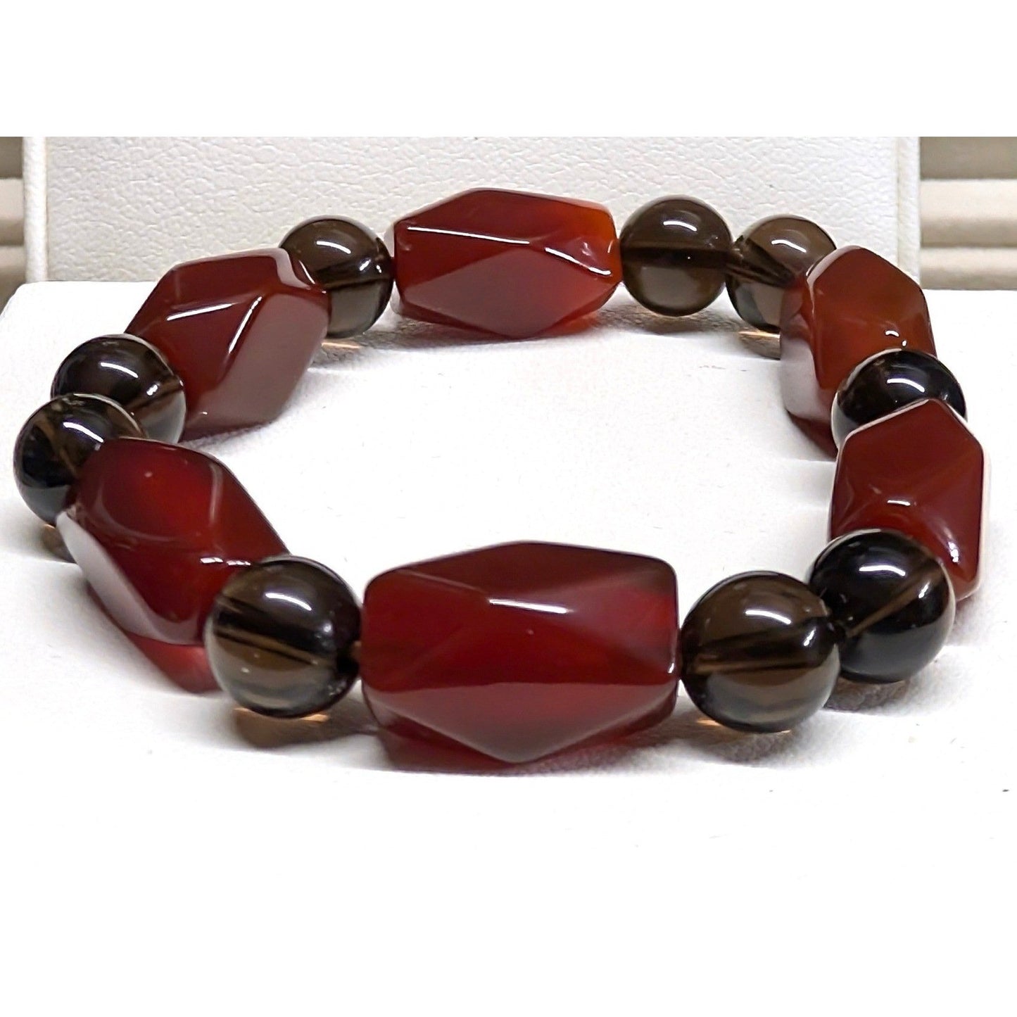 New Carnelian Smoky Quartz Beaded Stretch Bracelet Brown Red Geometric Beads