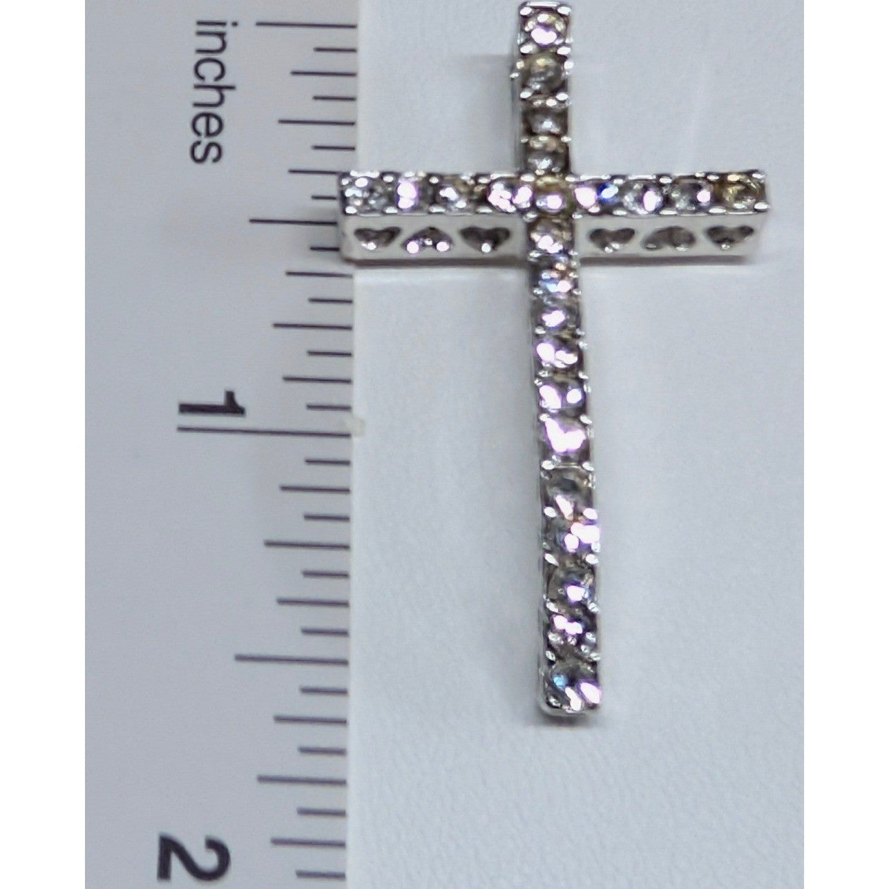 New 1.66" 925 Sterling Silver PLated Rhinestone Cross Pendant Wavy Heart Cutouts