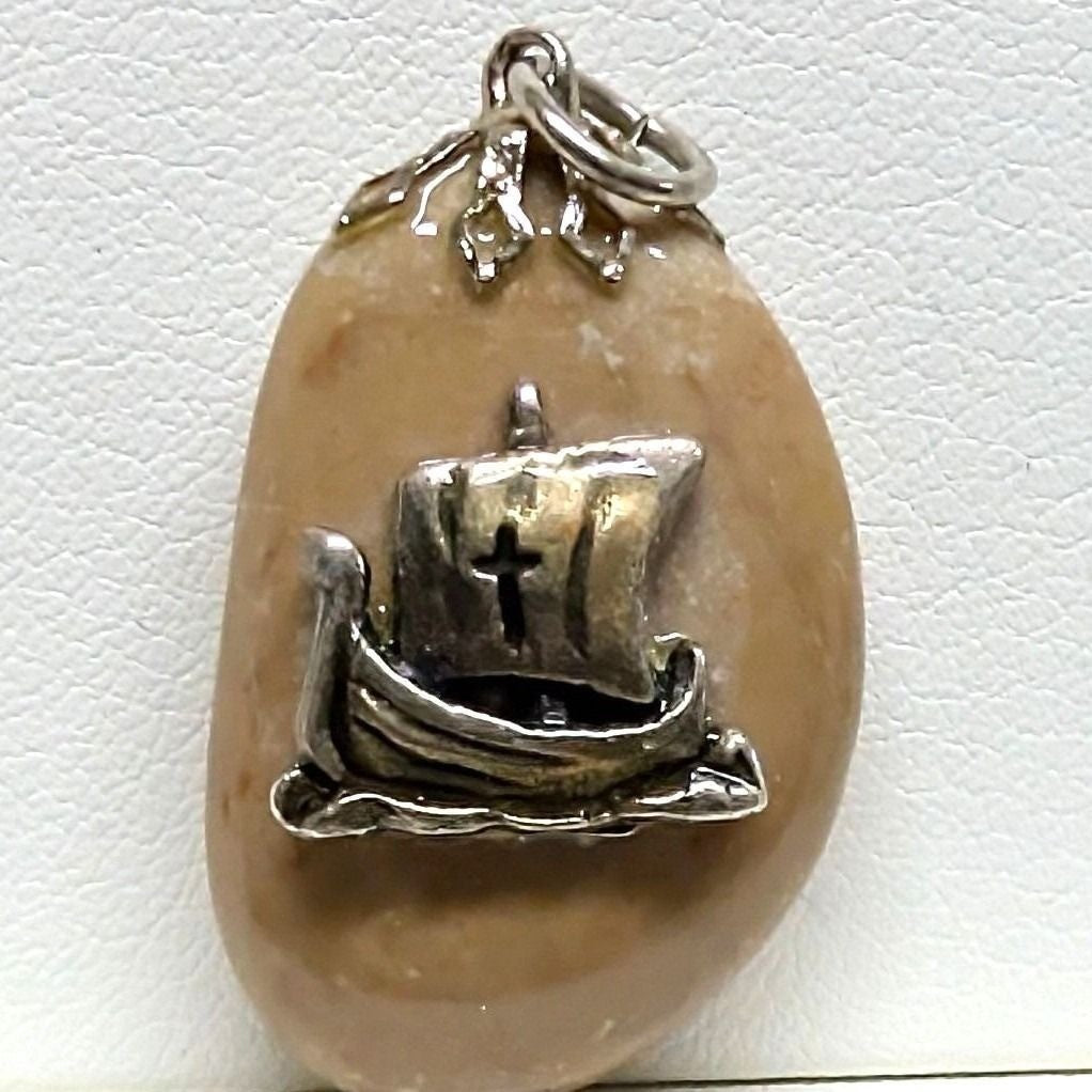 Vintage Viking Ship Stone Pendant Tan Rock Religious Cross Nautical Charm