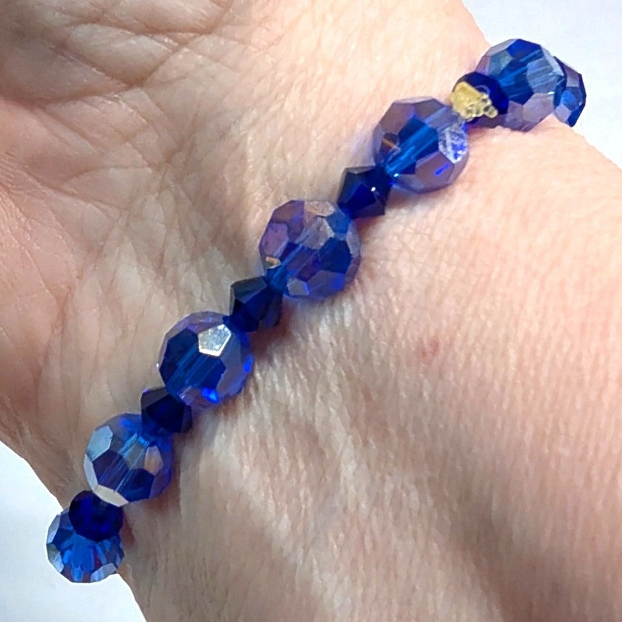 Vintage Beaded Bracelet Cold Cobalt Blue Faceted Glass Heart Stretch Sparkly