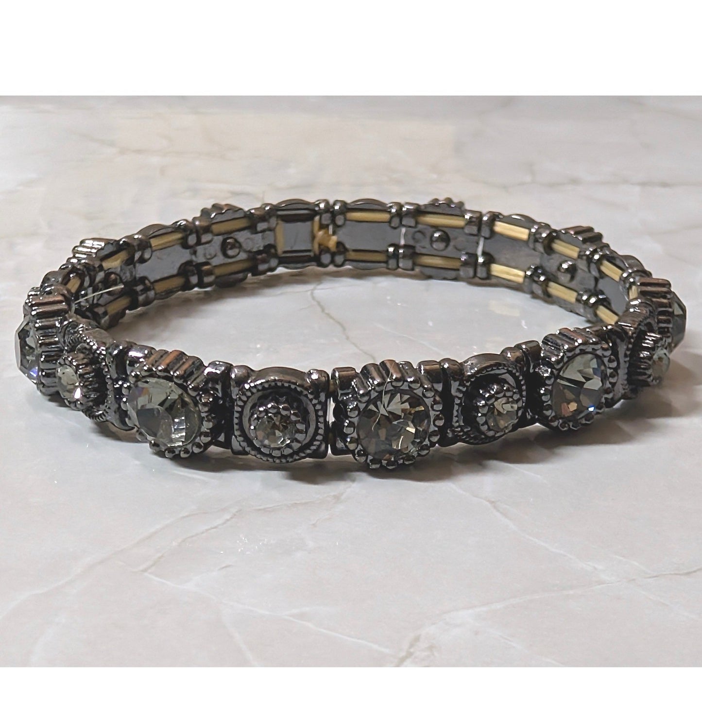 New Stretch Bracelet Gunmetal Gray Round Rhinestones Rainbow Sparkle Gothic Glam