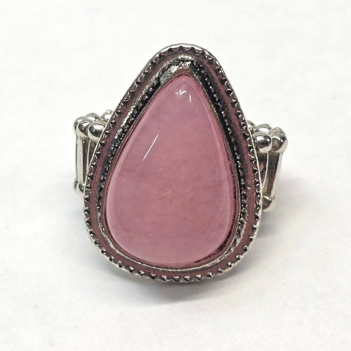 New Cold Pink Tear Drop Pear Stone Statement Ring Silver Tone Stretch Band OSFM