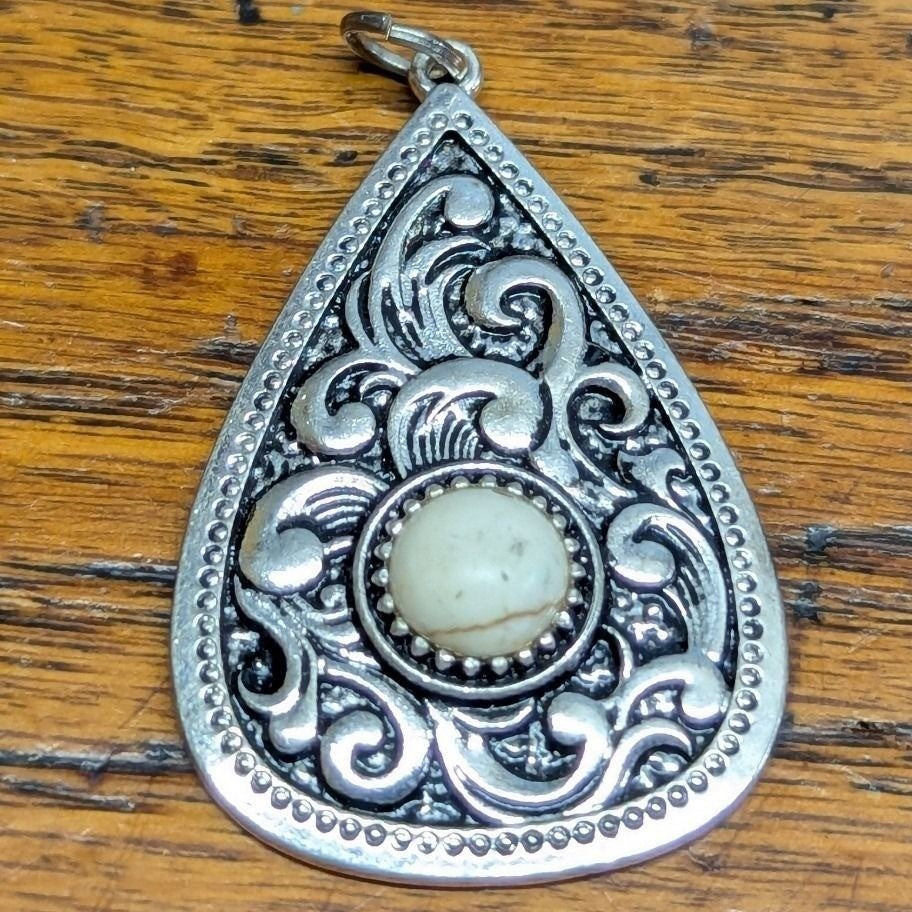NOS Vtg Teardrop Pendant Silver Tone 1.75" Cream Scrollwork Southwestern Boho