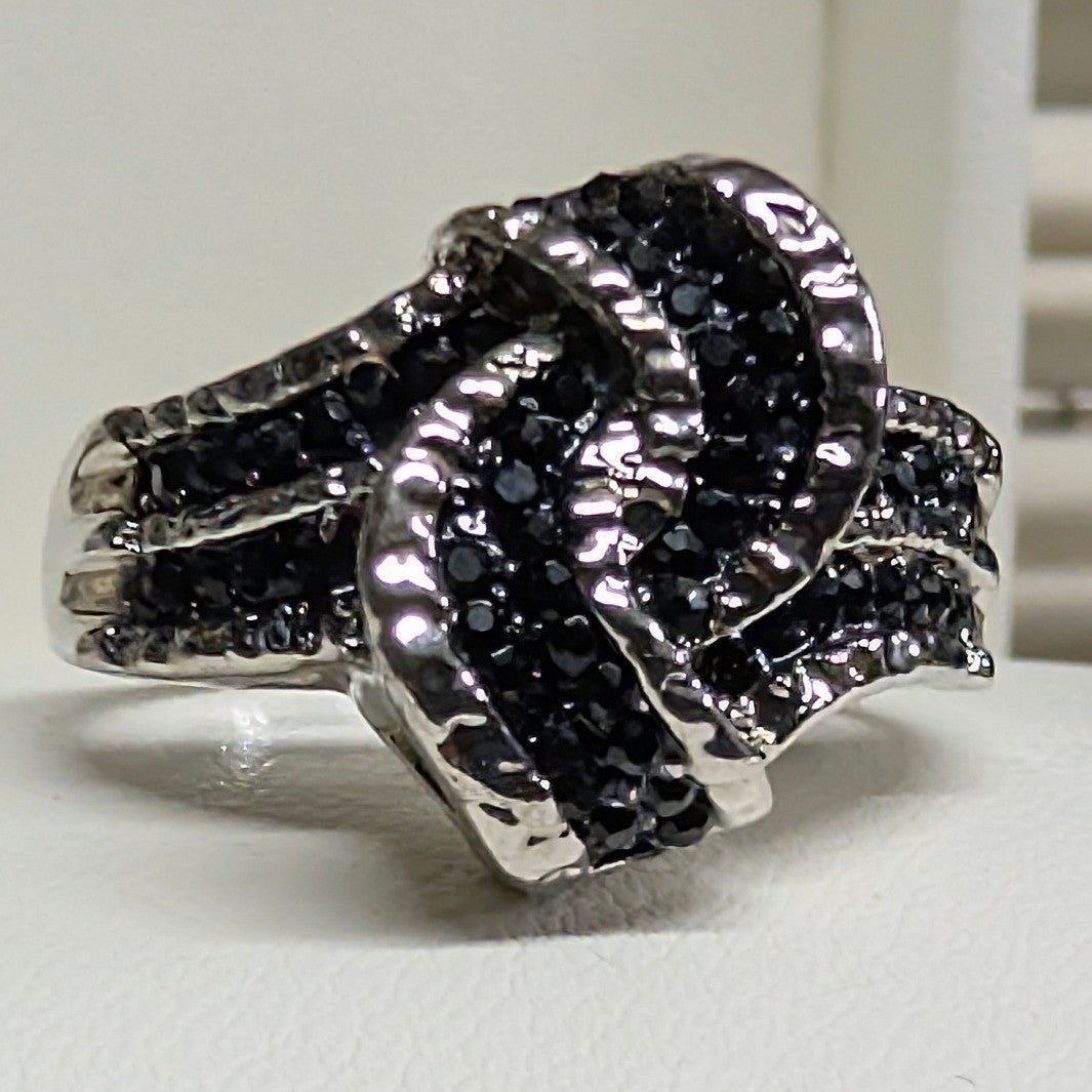 New Black Twist Knot Ring Plus Size 8.5 Silver Tone Statement Pave Rhinestones