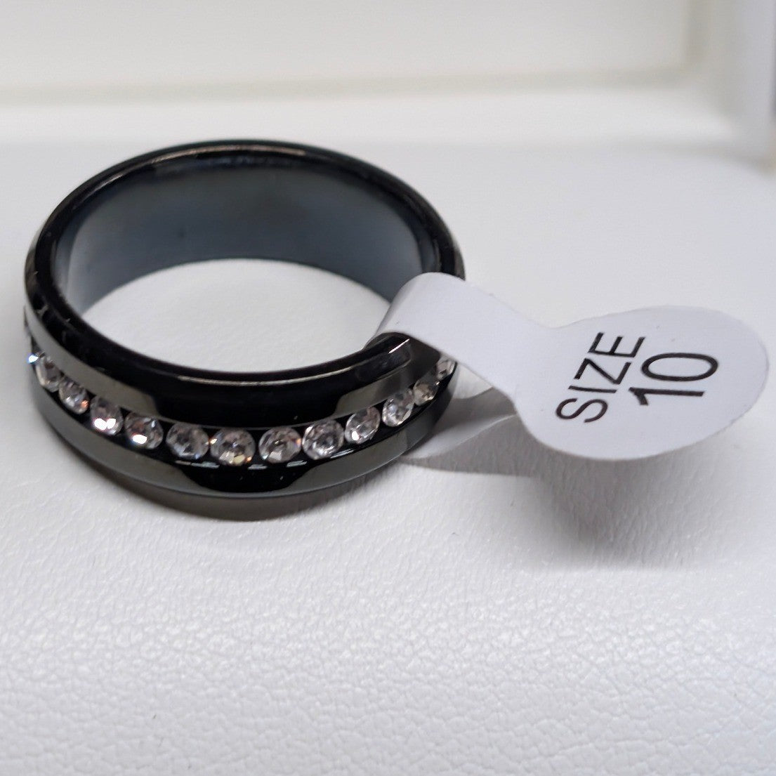 NEW Crystal Eternity Ring PLus Size 10 Black Band Clear Rhinestones Wedding Gift