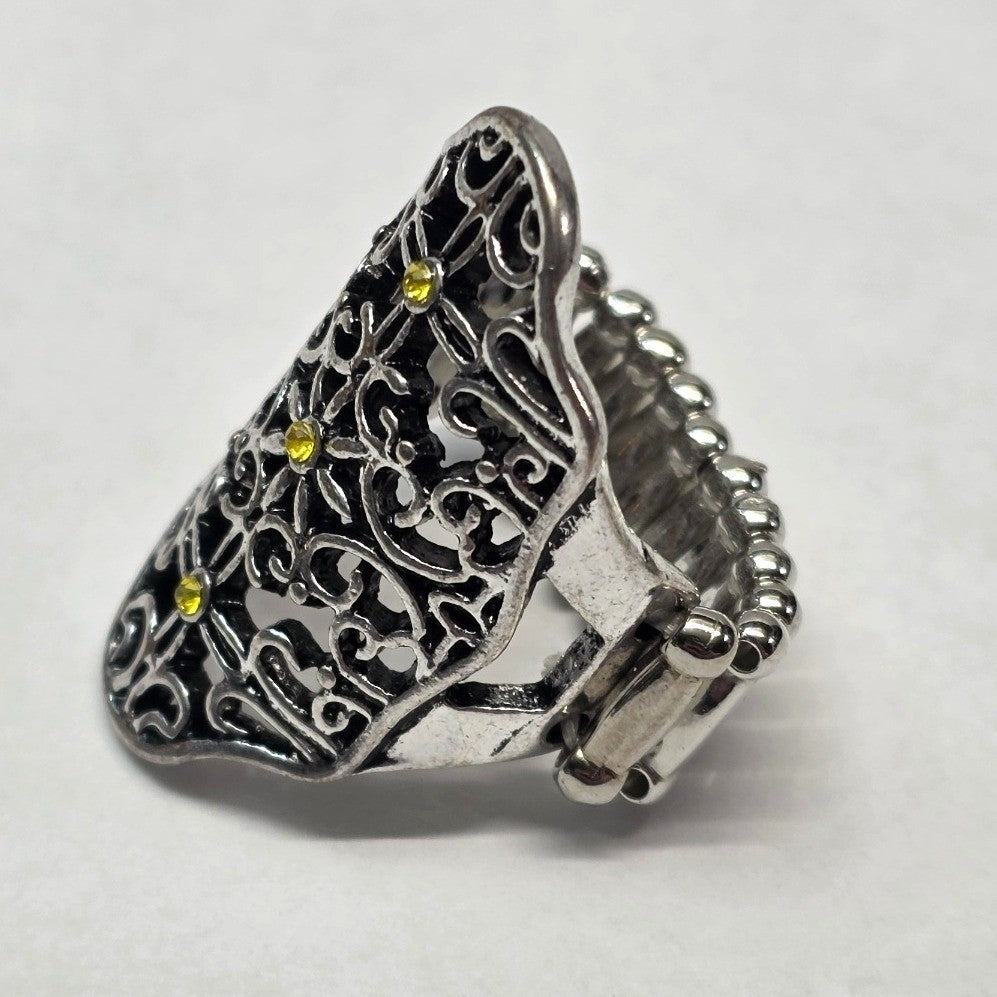 New Filigree Cross Shield Ring Silver Tone Yellow Rhinestone Stretch Band Chunky