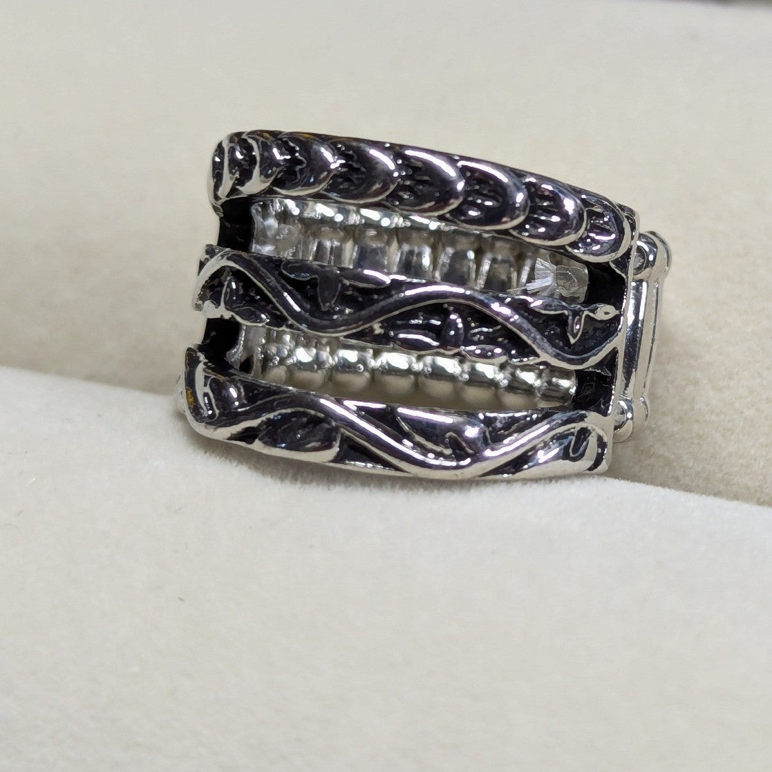 New Filigree Stretchy Ring Silver Tone Wide Band Scroll Design 3 Multi Row Plus