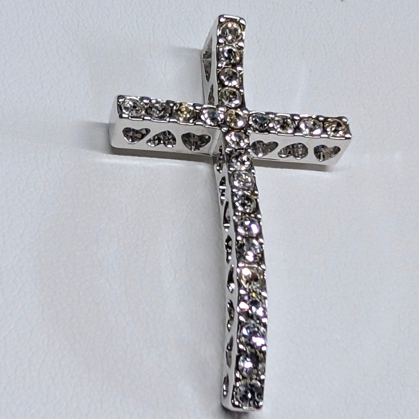 New 1.66" 925 Sterling Silver PLated Rhinestone Cross Pendant Wavy Heart Cutouts