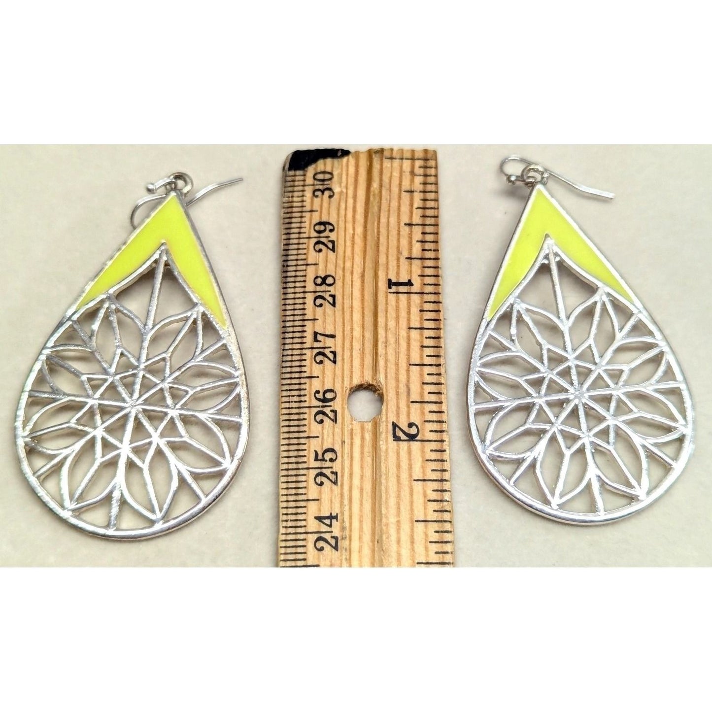 Teardrop Filigree Earrings Silver Tone Neon Yellow Enamel Boho Dangle Large 2.5"