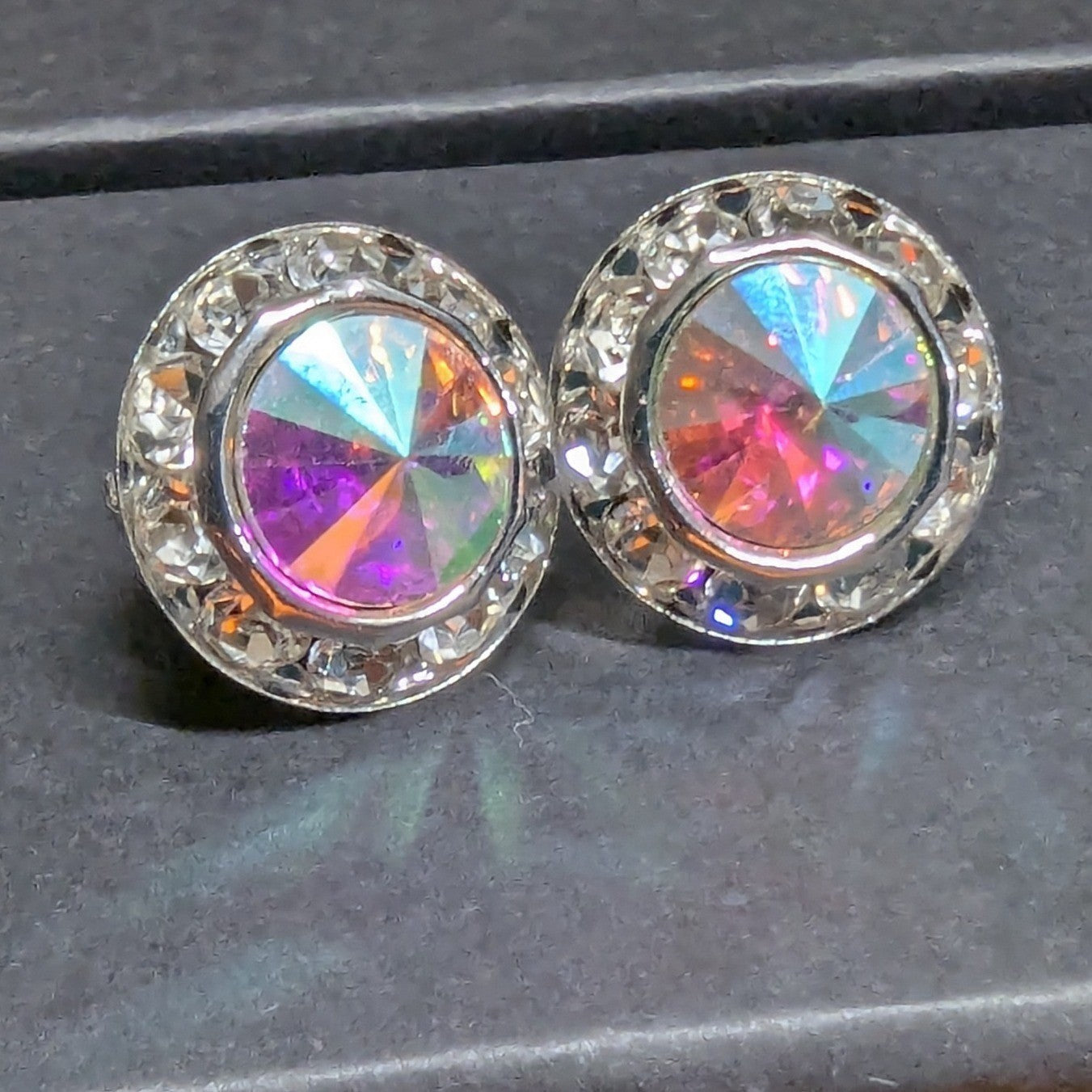 New Aurora Borealis AB Halo Rhinestones Clip On Earrings Silver PLated Wedding