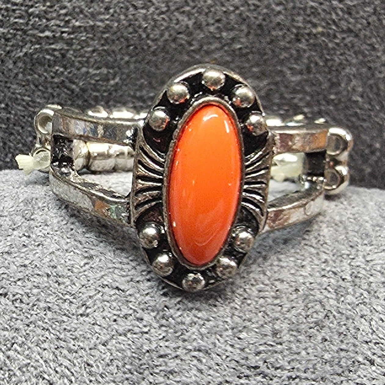 New Stretch Band Ring Oval Orange Stone Southwestern Boho Cabochon Silver Tone