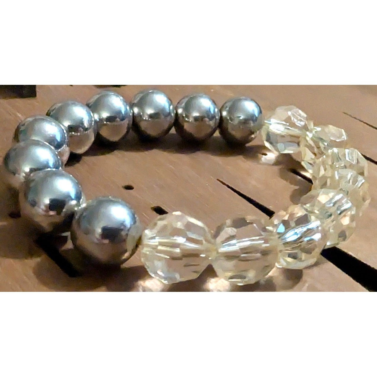 Beaded Stretch Bracelet Silver ToneMetal Clear Faceted Plastic Mixed Media Beads