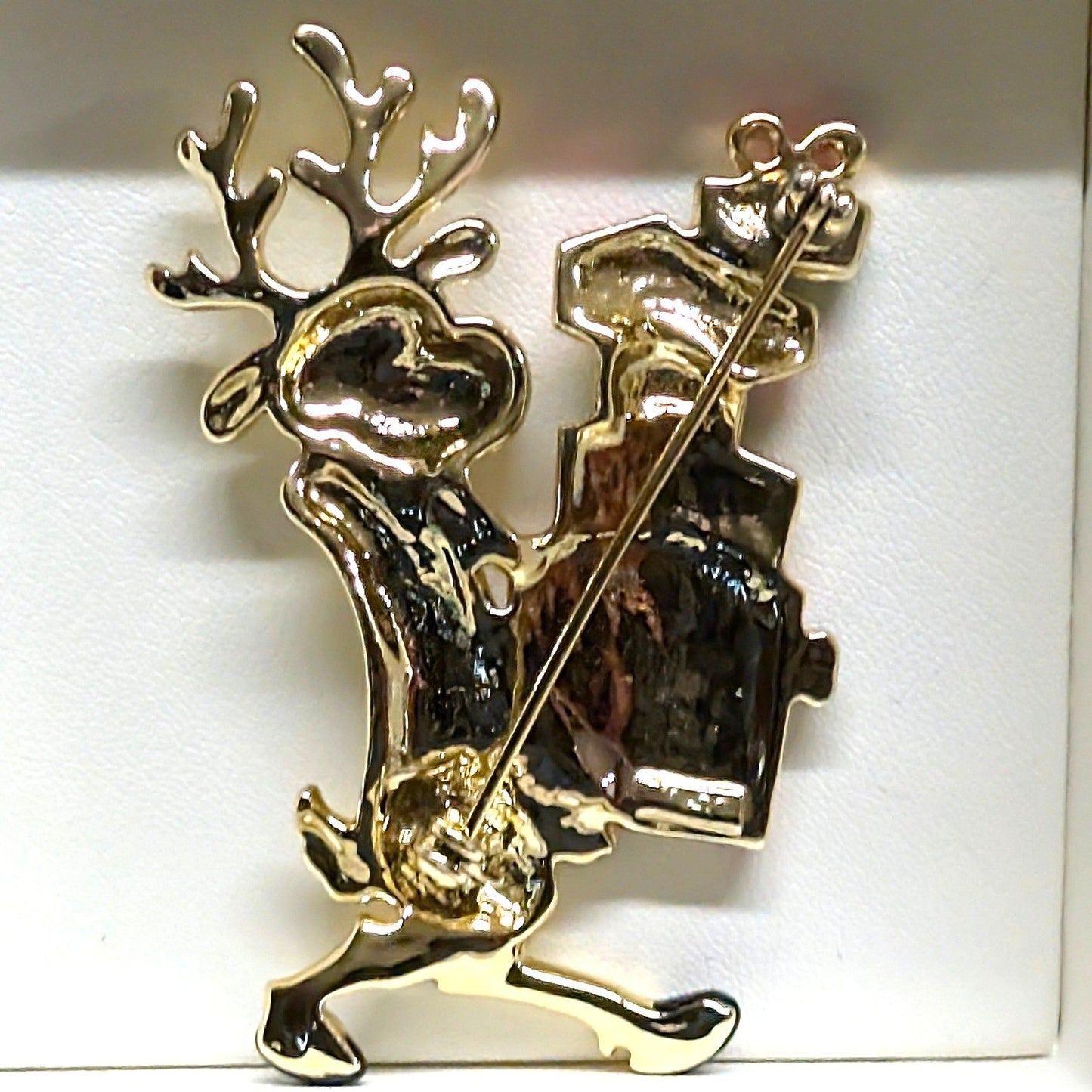 Vintage Danecraft Reindeer Gifts Brooch Pin Goldtone Red Green Enamel Holiday