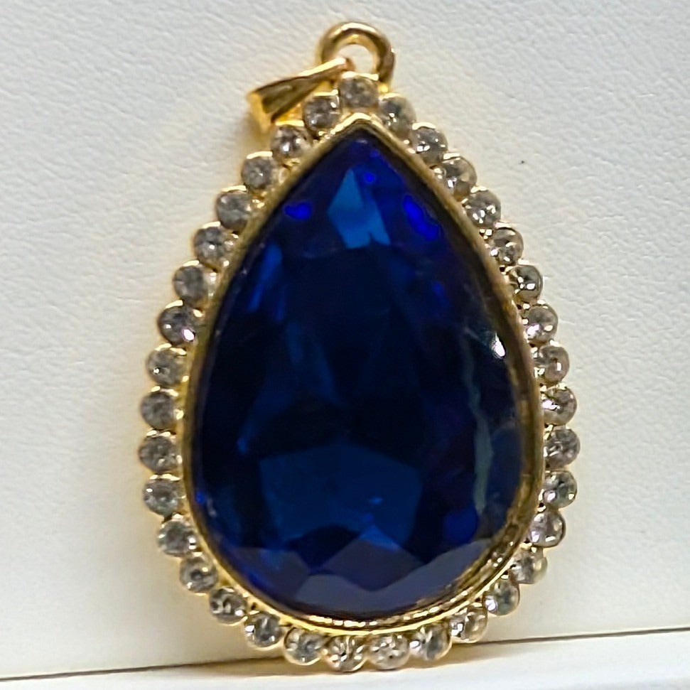 New Teardrop Pendant Cobalt Blue Clear Pave Gold ToneRhinestones Halo 1.75" Pear