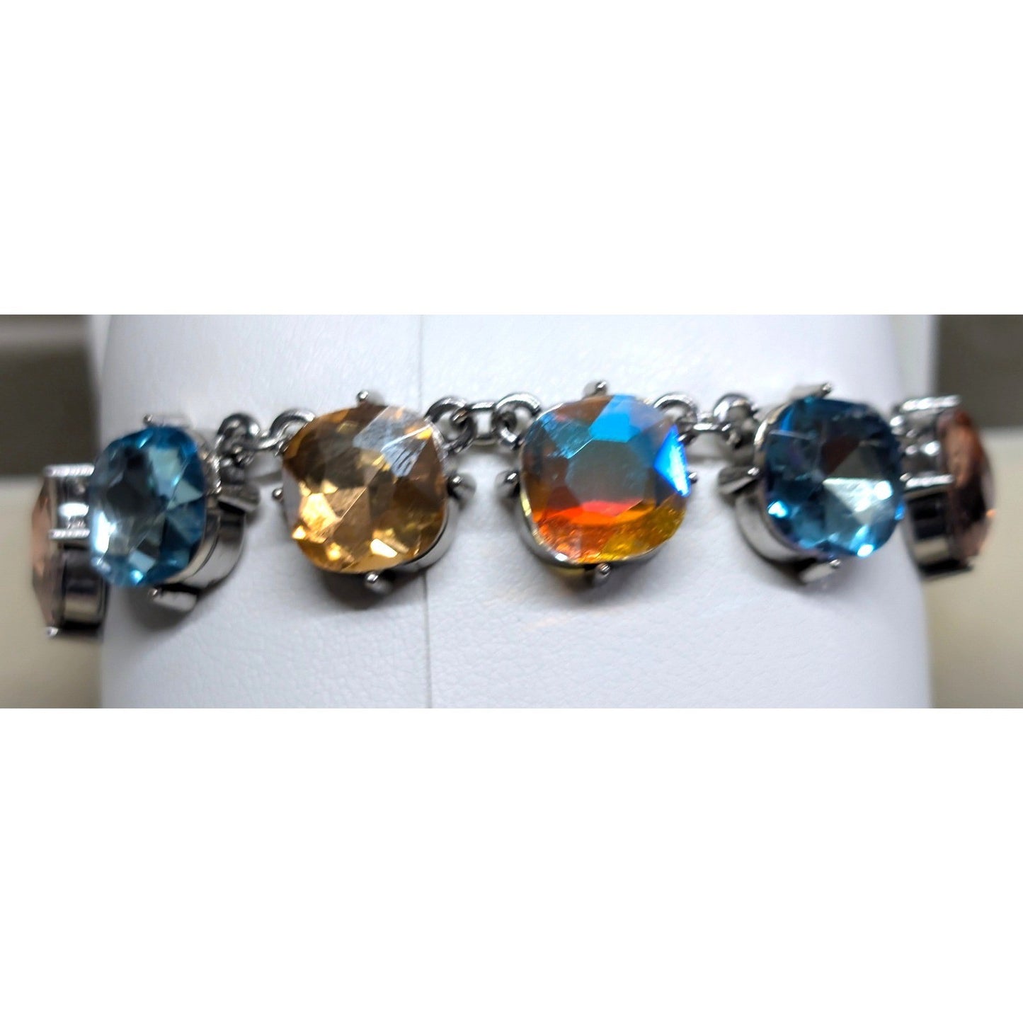 New Multicolor Crystal Link Bracelet Silver Tone Iridescent AB Aurora Borealis