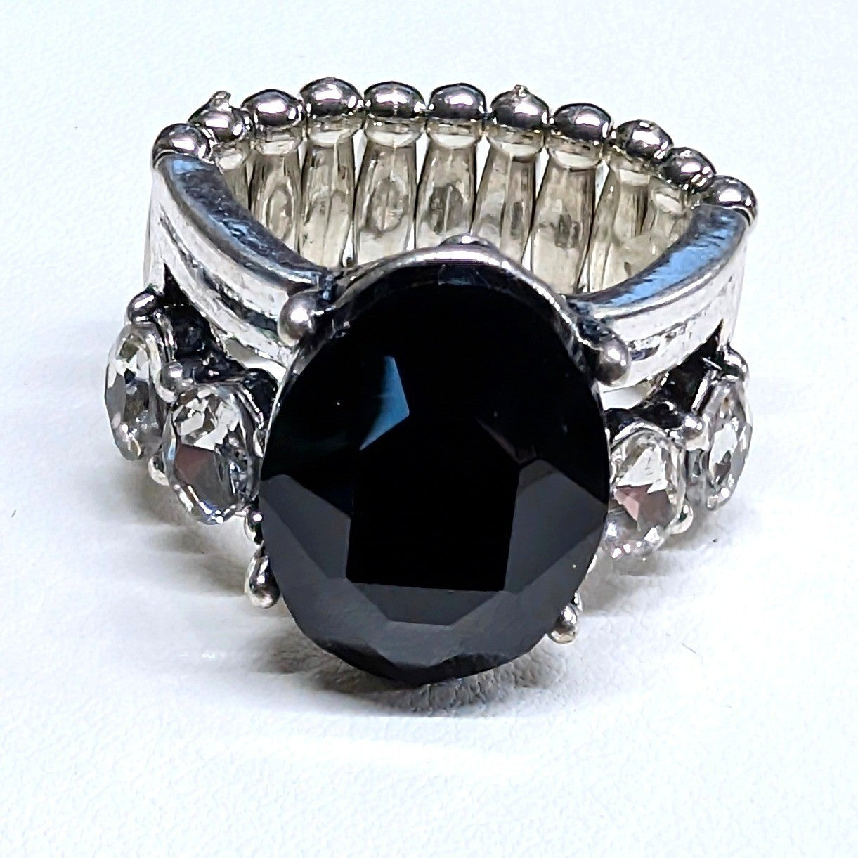 Black Oval Faceted Stone Stretch Ring SilverTone Clear Rhinestone Bold Statement