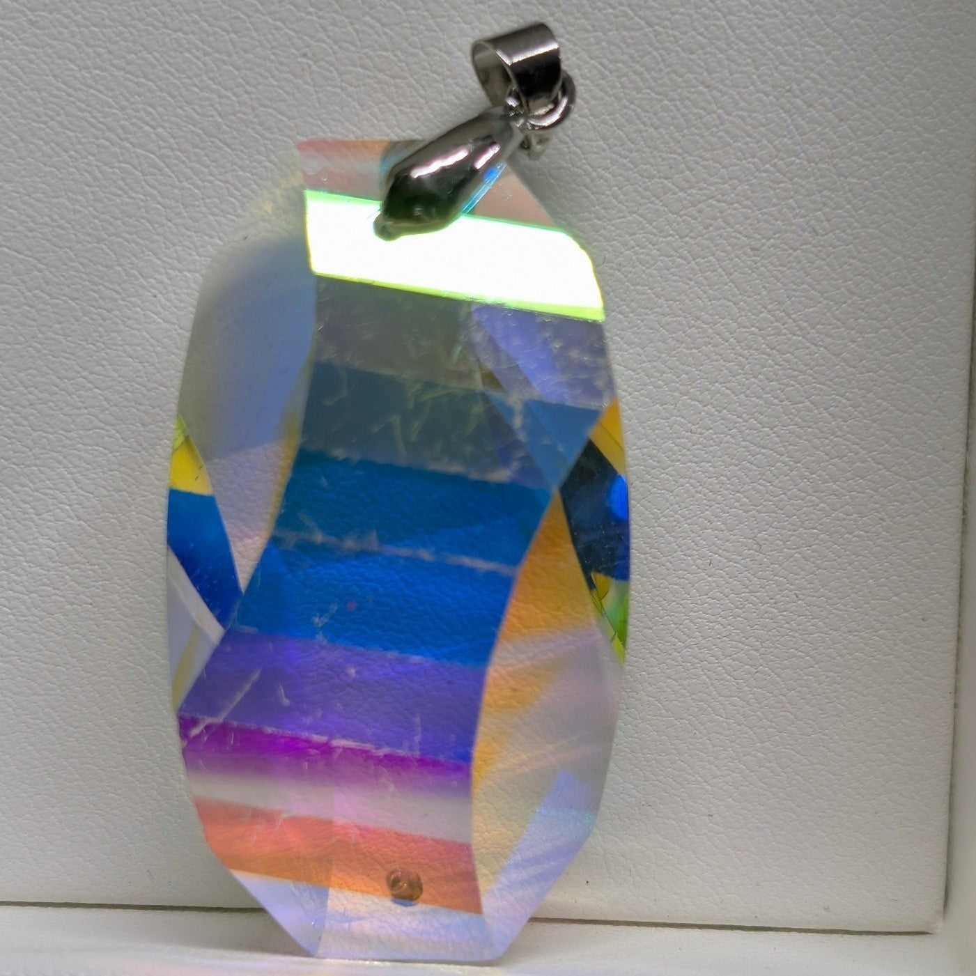 New 2+" Crystal Aurora Borealis Pendant AB Iridescent Large Faceted Silvertone