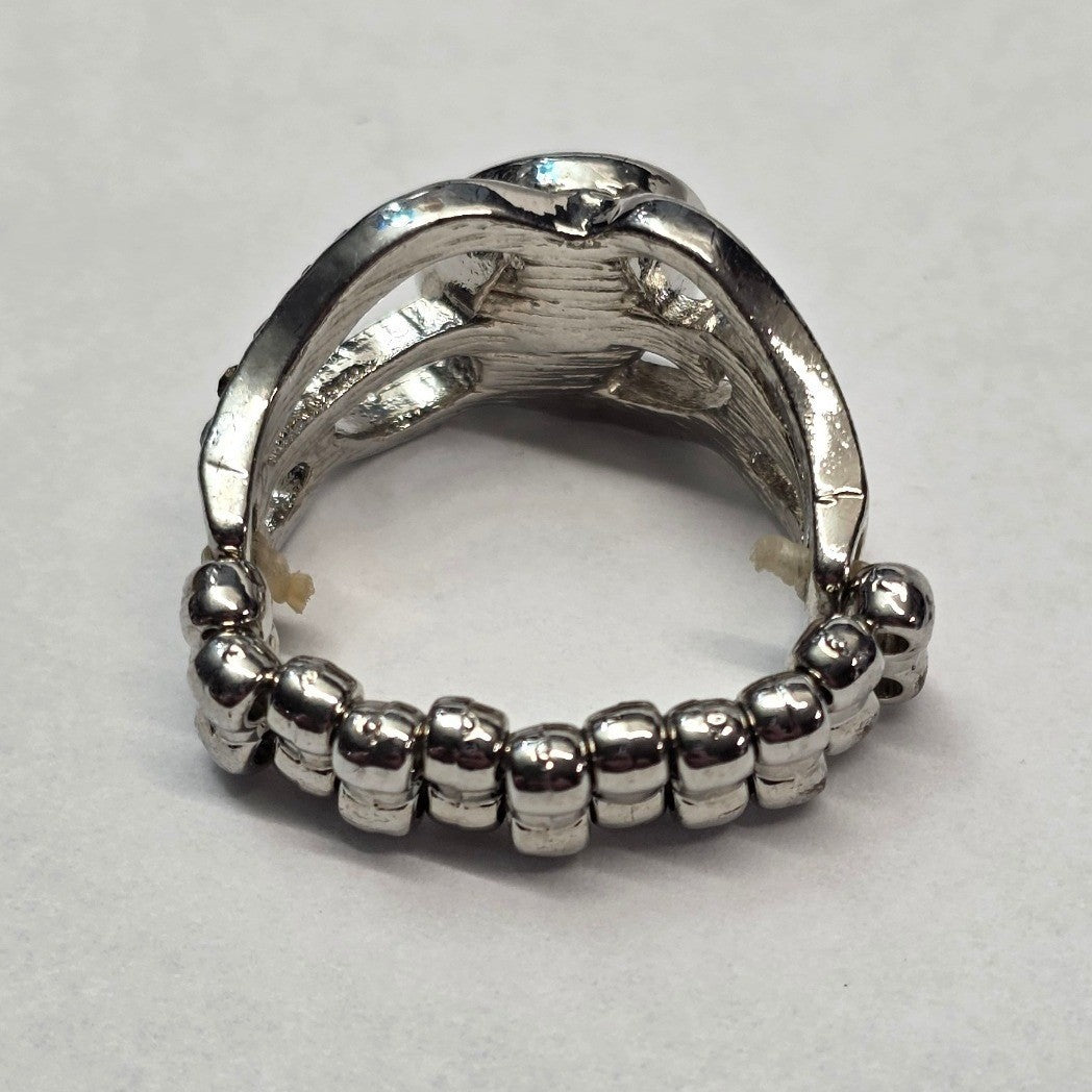 New Stretch Band Ring Silver Tone Black Rhinestone Oval Filigree Cocktail OSFM