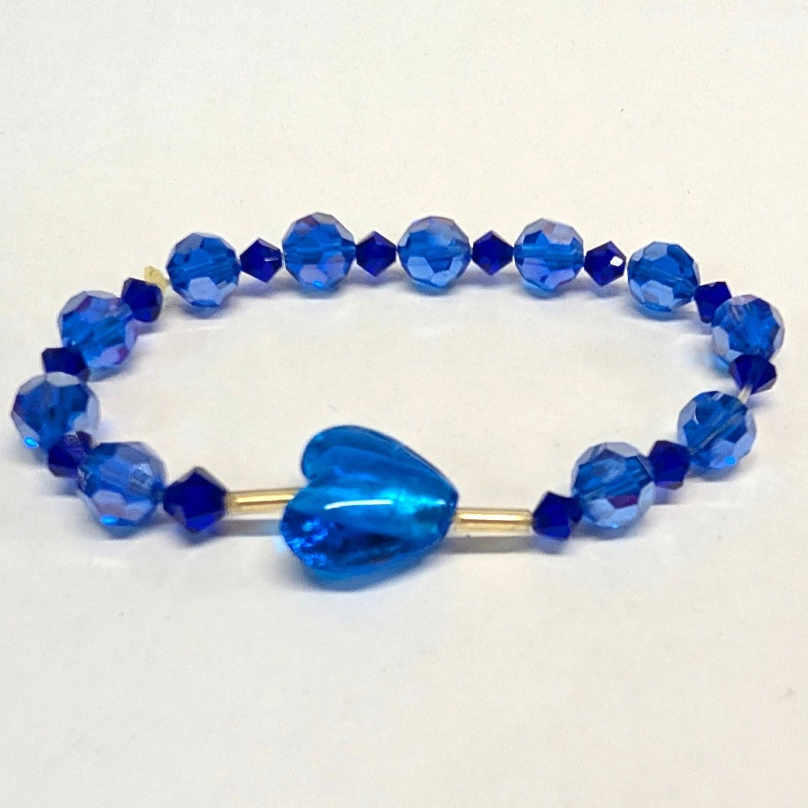 Vintage Beaded Bracelet Cold Cobalt Blue Faceted Glass Heart Stretch Sparkly