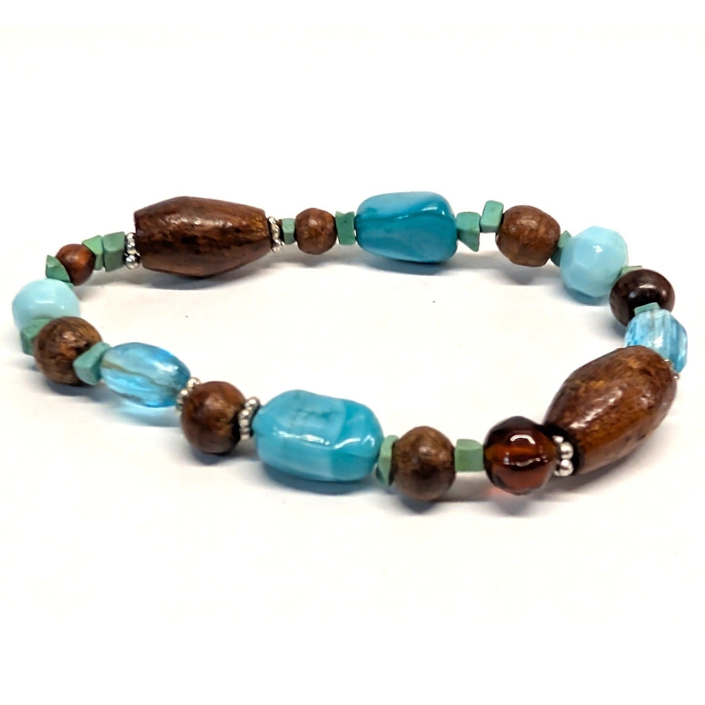 Beaded Stretch Bracelet Blue Brown Wood Glass Stone Beads Boho Eclectic Handmade